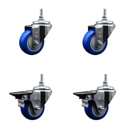 Service Caster 3 Inch Blue Polyurethane 12 MM Threaded Stem Caster Set 2 Brakes SCC SCC-TS20S314-PPUB-BLUE-M1215-2-PLB-2